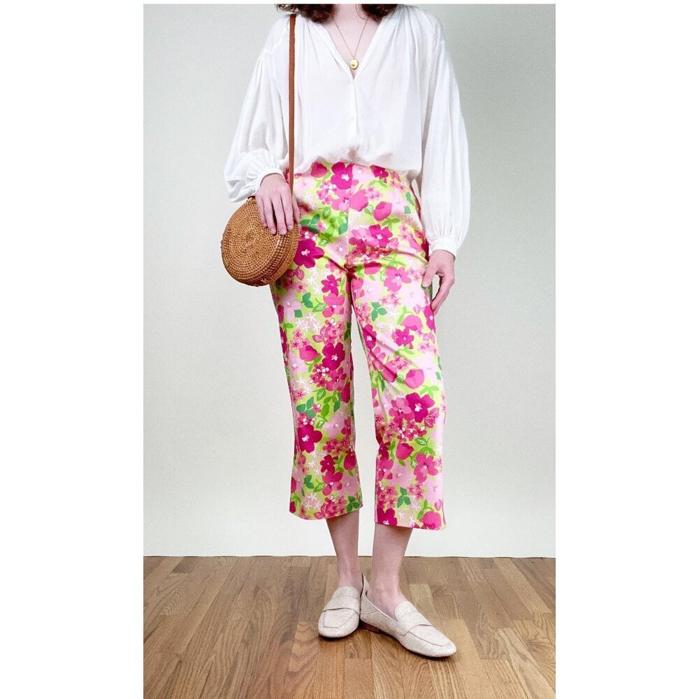 Vintage Floral Print Capris Cropped Trouser Wide Straight Leg Flare Summer Pants